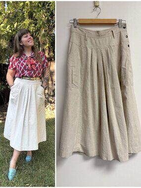 Vintage Chaus Linen Blend Khaki Tan Cream Full Pleated Safari Skirt